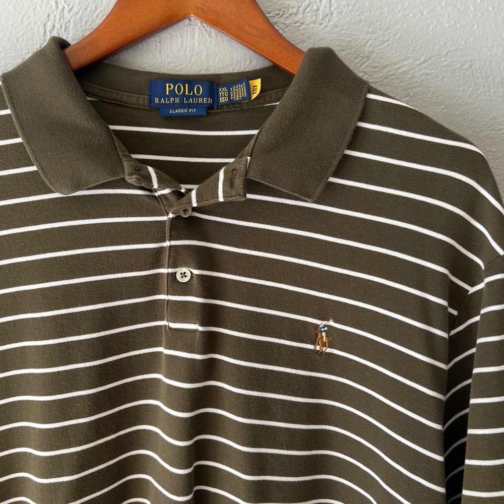 Polo Ralph Lauren Mens XXL Classic Fit Striped Polo Shirt Olive Green White